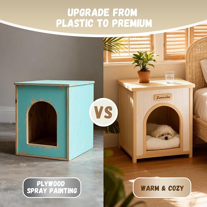 Wooden Dog Crate Furniture, Side Table Dog House for Indoor Small Dogs, Modern End Table with Cushion