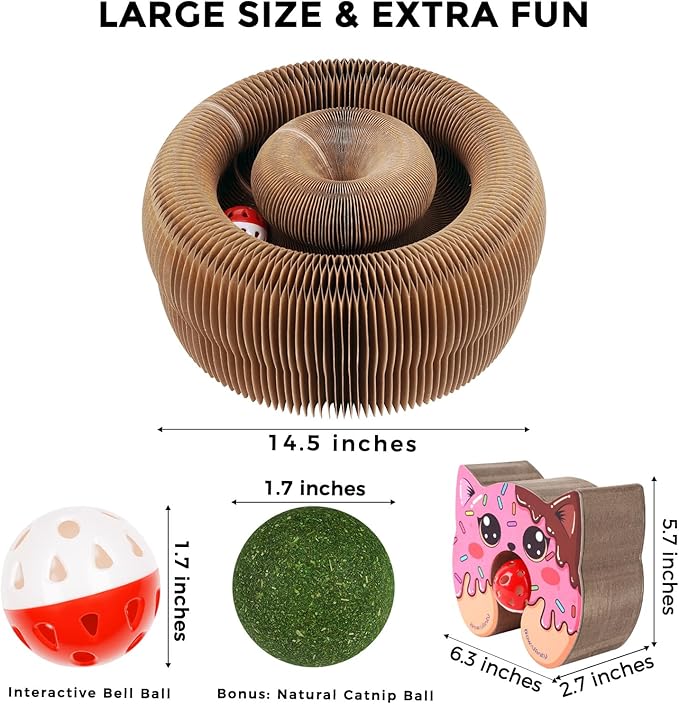 Magic Organ Cat Scratcher Toy, Large Extra-Thick Interactive Foldable Accordion Cardboard Scratching Board with Catnip & Bell Ball, Magnetic Enrichment Toy for Indoor Cats & Kittens