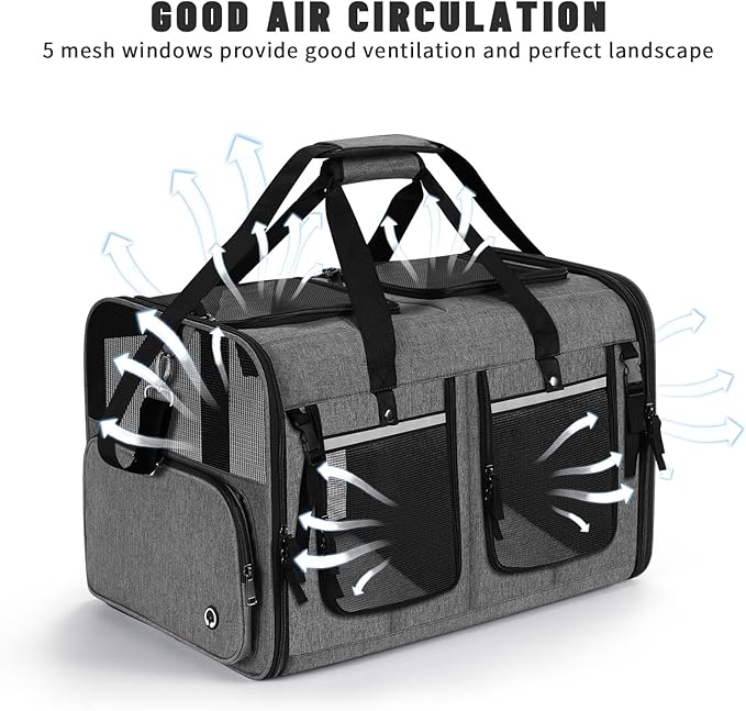 Cat Carrier for 2 Cats, Foldable Double Cat and Dog Carrier, Small to Medium Size, 2 Front Zippered Compartments,Two Pets Carrier for Travel,Mulitple Cat Carrier (Dark Gray with Flat Pocket)