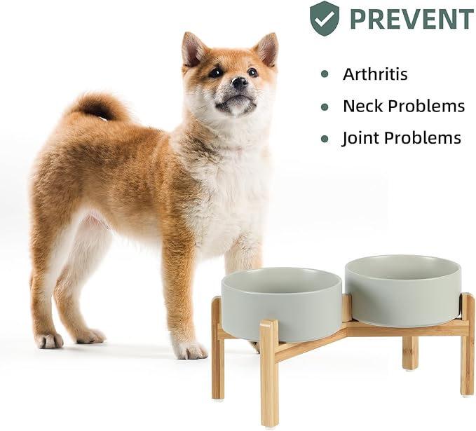 Ceramic Raised Double Bowls Set with Stand, Food & Water Bowls for Medium Breed Dogs, Weighted Dog Dishes, Pet Bowl(7.3'',41OZ, Grey)