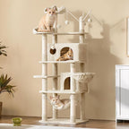 Yaheetech Cat Tree, 67in Large Tower w/ 3 Removable Teaser Sticks, 2 Kitten-Ear Shaped Perches, 2 Condos, Hammock, Scratching Post, Multi Level Pet House, Beige