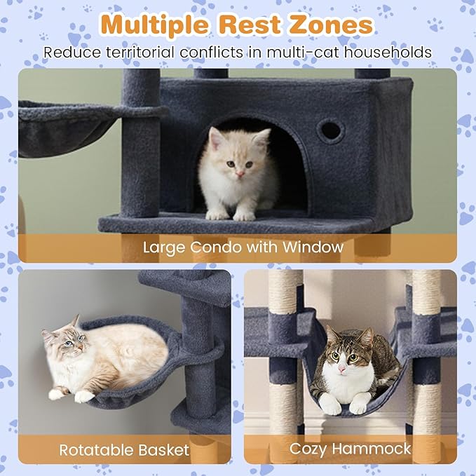 Tangkula Tall Cat Tree, 63 Inch Large Cat Tower with Sisal Scratching Posts, Plush Top Perch, Condo, Hammock, Basket Bed, Dangling Balls & Jumping Platforms for Indoor Cats Large Adult (Dark Grey)