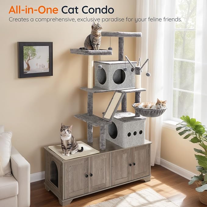 HOOBRO Double Litter Box Enclosure with Cat Tree, 45.3" L x 17.7" W x 68.9" H All-in-One Modern Cat Tower with Bed, Hidden Litter Box Enclosure Furniture, with Hammock, Sisal Posts, Greige BG22MZ03