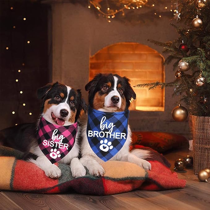 Big Brother Big Sister Dog Bandana, Plaid Pregnancy Announcement Dog Bandanas for Dogs (Blue and Pink, Big Brother and Big Sister)