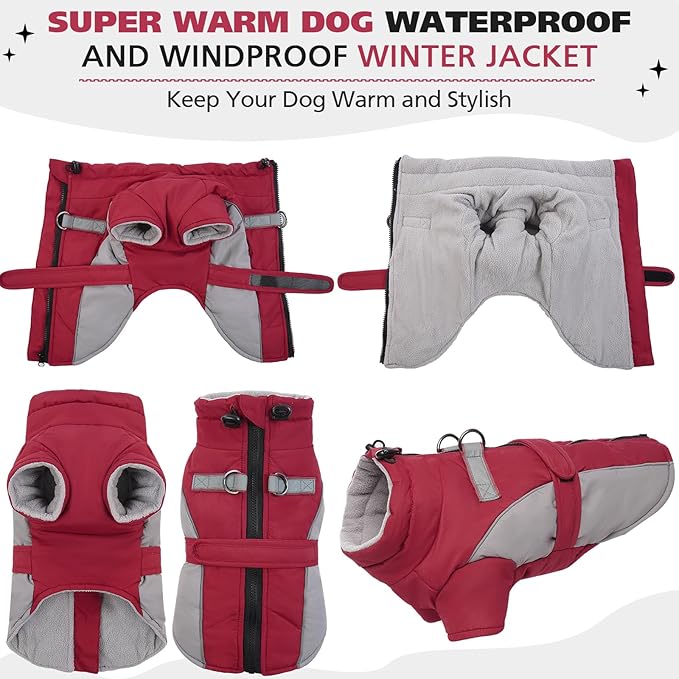 ROZKITCH Dog Winter Coat, Dog Coat for Autumn Winter with Turtleneck, Pet Clothes with Adjustable Waist Strap, Soft Warm Pet Clothing with Reflective Strip for Small Medium Large Dogs Dark Red 3XL