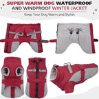 ROZKITCH Dog Winter Coat, Dog Coat for Autumn Winter with Turtleneck, Pet Clothes with Adjustable Waist Strap, Soft Warm Pet Clothing with Reflective Strip for Small Medium Large Dogs Dark Red M