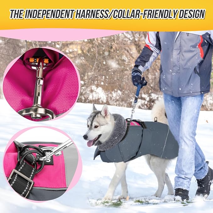 SlowTon Dog Winter Coat, Windproof 3 Layers Thick Warm Fleece Lining Dog Jacket for Cold Weather, Reflective Dogs Apparel with Leash Opening for Medium Large Dogs(Fuchsia,2XL)