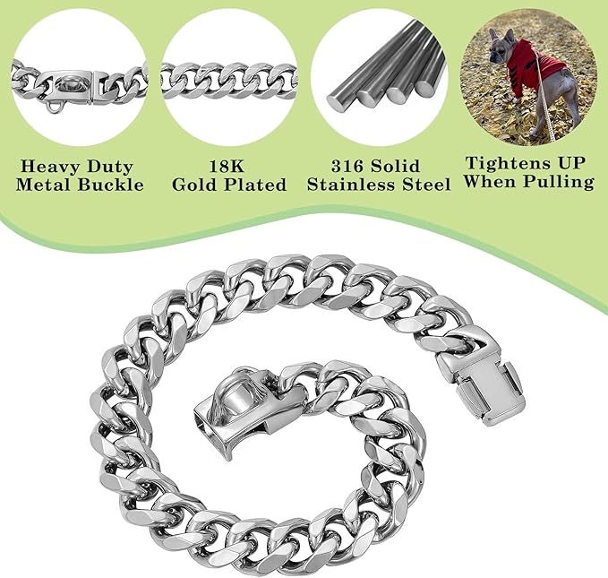 Stainless Steel Silver Gold Dog Collars with Safety Buckle Lock,18K Cuban Link Chain Training Collar,15MM Strong Dog Necklace Heavy Duty Chew Proof for Small Medium Large Dog