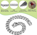 Stainless Steel Silver Gold Dog Collars with Safety Buckle Lock,18K Cuban Link Chain Training Collar,15MM Strong Dog Necklace Heavy Duty Chew Proof for Small Medium Large Dog