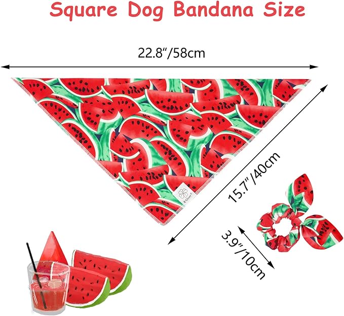 E-Clover Dog Bandanas Summer & Matching Scrunchie Set Dog Bandana Bibs Washable Kerchief Scarf for Small Dogs Puppy & Owner Watermelon
