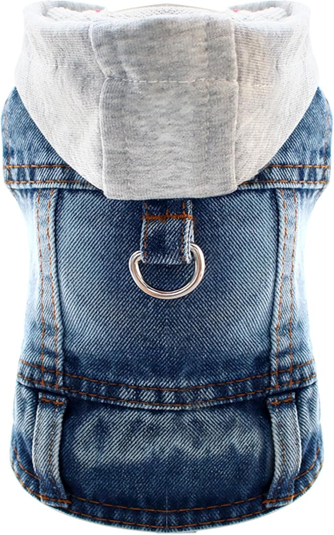 Cool Dog Jean Jacket Vest with D-Ring Blue Denim Dogs Hoodies Outfits for Small Medium Dogs Cats Boy Male Dog Clothes Costume Dogggie Puppy Harness Coat for Frenchie Walking(Grey Hat,M)