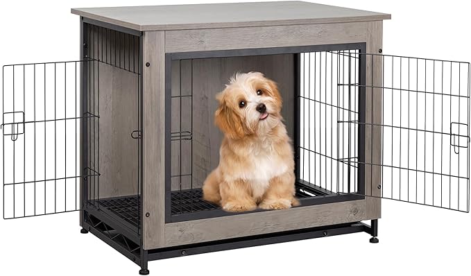 Shintenchi Dog Crate Furniture, Double-Doors Kennel Indoor with Removable Tray, End Table Dog House for Small Breed, 27.2" L, Grey