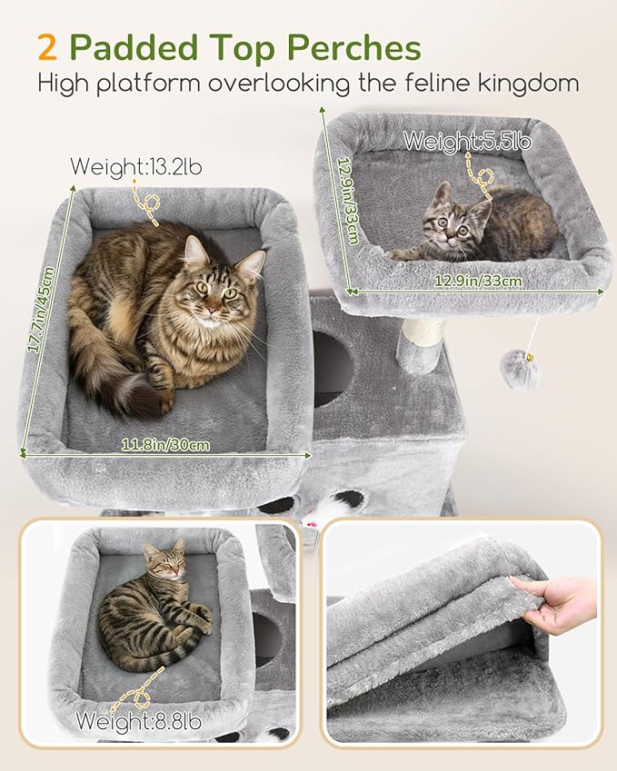 Globlazer Heavy Duty Cat Tree Tower 80in Tall Extra Large Cat Tree Tower for Multiple Indoor Cats Large Adult with Scratching Posts, 2 Spacious Condos, Padded Perches, Soft Hammock, S80B, Light Grey