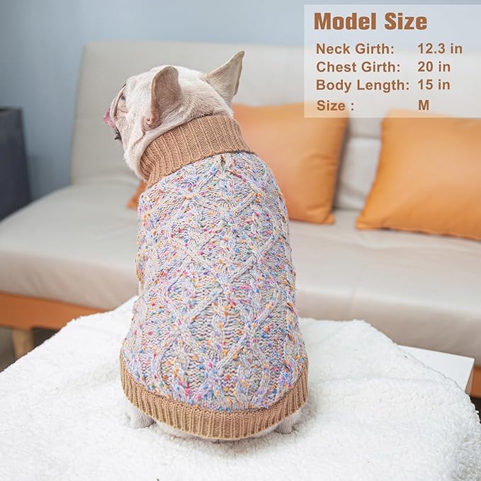 BEAUTYZOO Cable Knit Small Dog Sweater, Color Block with Fuzzy Thread Knitted Turtleneck Dog Knitwear with Dots in a Variety of Colors for Small Medium Dogs Fall Winter Dog Clothes, Beige XS