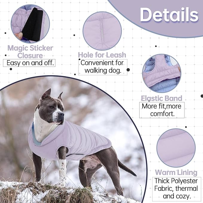 Lelepet Reversible Dog Coat Waterproof Dog Jacket Windproof Puffer Vest for Winter Warm Lightweight Coats for Large Dogs Adjustbale Hook & Loop Pet Apparel with Leash Hole, Boxer, Weimaraner, 2XL
