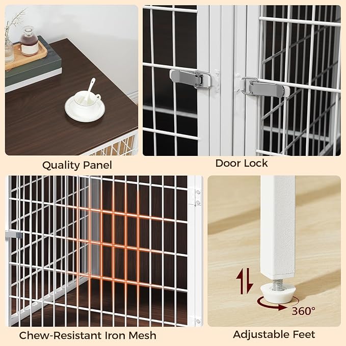 Dog Crate Furniture for 2 Dogs, 43.3" Dog Kennel with Removable Divider, Heavy Sturdy Dog Furniture Style Double Cage for Small Medium Dogs, Indoor Pet House End Table, White and Walnut