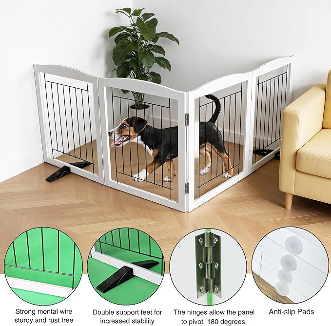 Dog Fence Indoor,Dog Gate Indoor for Doorway pet gate -4-Panel Freestanding, Hallways, House or Stairs -80x24-Inch Retractable Foldable Expandable Wood Pet by SFJC (White)