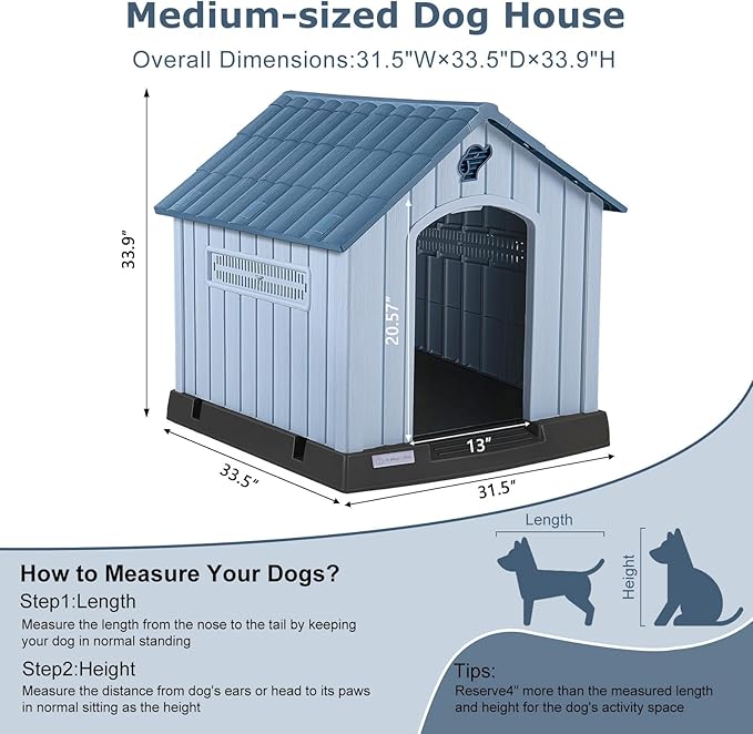 LEMBERI Durable Waterproof Plastic Dog House for Small to Medium Sized Dogs, Indoor Outdoor Doghouse with Air Vents and Elevated Floor, Easy to Assemble (Blue, 33.5" L x 31.5" W x 33.9" H)