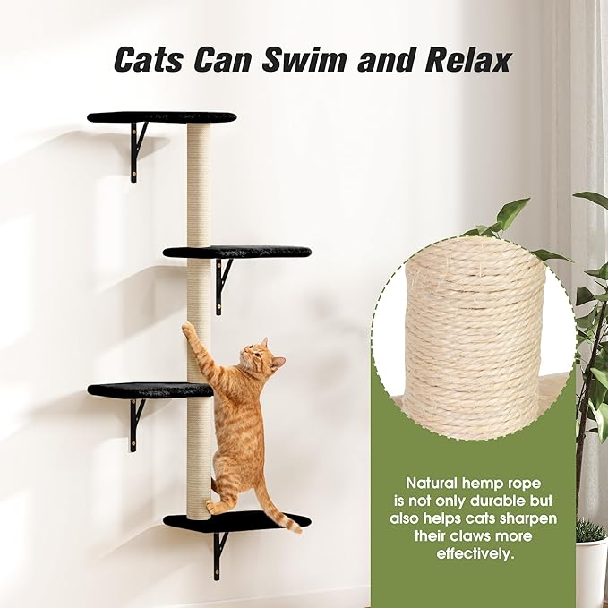 Wall Mounted Cat Furniture Set of 5 With Tree, Perch, Scratcher, Bridge and Condo, Gray (Black)