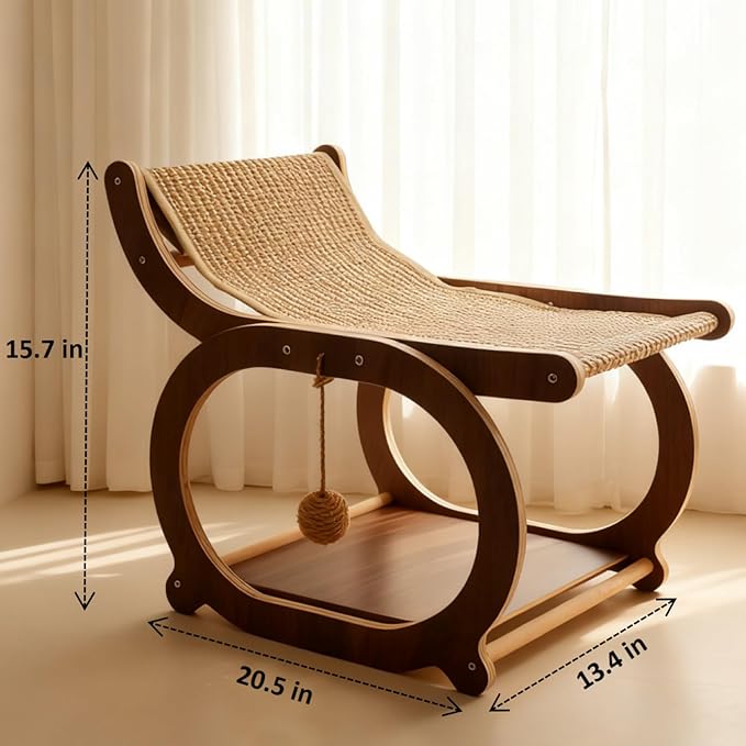 Sisal Cat Scratcher Chair, Elevated Cat Lounge Beds for Indoor Cats, Wooden Pet Hammock Couch for Scratching, Walnut