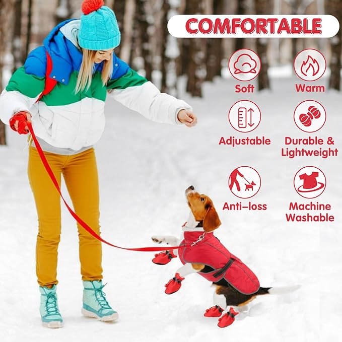 Winter Dog Coat and Snow Boots with Heavy Duty Dog Leash Waterproof Puppy Winter Jacket Cold Weather Coats Set Reflective for Small Medium Size Dogs Walking(Small)