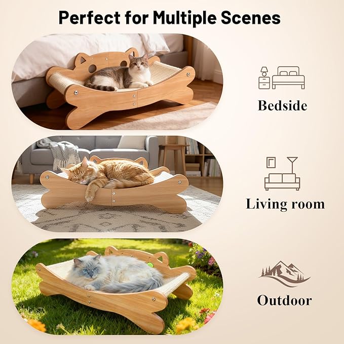 Sisal Cat Scratcher Bed, Natural Cat Scratching Lounge Chair with Sturdy Solid Wooden Frame, Cat Couch Bed & Furniture Protector, Cat Scratch Pad for Indoor Cats and Kittens