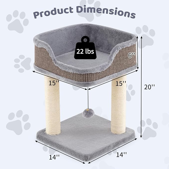 Tangkula Small Cat Tree for Indoor Cats, Modern Carpeted Cat Tower with Soft Plush Perch, Cat Condo Cat Bed with Scratching Posts, Dangling Ball, Cute Cat Activity Tree for Play Rest (Light Gray)