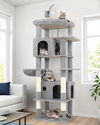 Globlazer Cat Tree for Indoor Cats Large Adult, 74in Tall Cat Tower with Scratching Post, Heavy Duty Cat Tree Tower with 2 Spacious Caves, Oversized Top Perch, Big Hanging Basket, F74B, Light Grey
