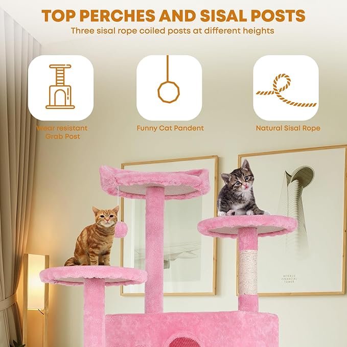 54in Cat Tree Tower for Indoor Cats, Cat Tower with Cat Scratching Post, Multi-Level Cat Furniture, Cat Tower with Funny Toys for Kittens-Pink