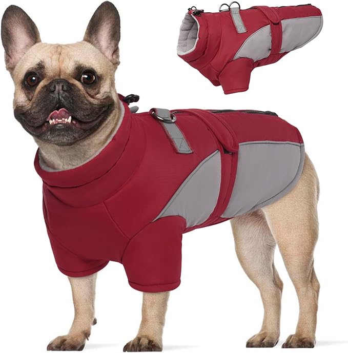 ROZKITCH Dog Winter Coat, Dog Coat for Autumn Winter with Turtleneck, Pet Clothes with Adjustable Waist Strap, Soft Warm Pet Clothing with Reflective Strip for Small Medium Large Dogs Dark Red XS