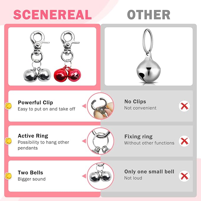 SCENEREAL Bells for Dog Collars - 2 Pack Pet Hanging Ring Bell Accessories for Dog & Cat, Pet Pendant Collar Charm with Heavy Duty Snap Clips, Sliver Bells for Tracking and Training Christmas Gift