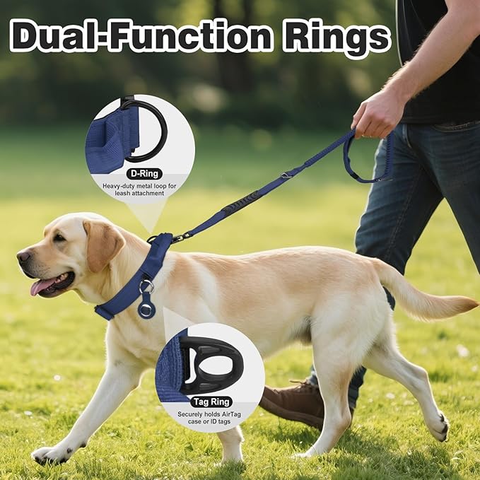 Joytale Tactical Dog Collar for X-Large Dogs with Control Handle, Heavy Duty Military Training Collar for Power Breeds, AirTag Holder Case, Quick Release Metal Buckle, Soft Padded, XL, Navy Blue
