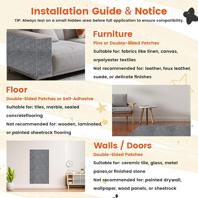 78.7"x15.8" Self-Adhesive cat Scratch pad - Trimmable Furniture Protector for Couch, Walls & Cat Trees | DIY Climbing Scratcher Pad with Twist Pins & Double-Sided Adhesives (Light Grey)