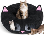 Baseola Cat Tunnel Bed for Indoor Cats, Peekaboo Cat Cave with Washable Soft Play Mat, Furry Cat Tube, for Kitten/Puppy/Rabbit, Kitten Series Black Pink