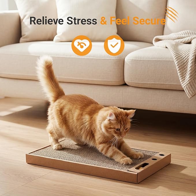 Novabright 6 Pcs Cat Scratching Board Reversible Cardboard Scratcher Wide Cat Scratch Pads with Bell Ball Durable Corrugated Scratch Box Bed for Indoor Kitten Playing Rest Sleep and Protect Furniture