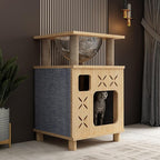 Modern Cat Tree with Ventilated Design & 360° View Capsule, 2-Story Cat Tower with Perch, Natural Wood Climber for Indoor Cats, Linen & Sturdy Build