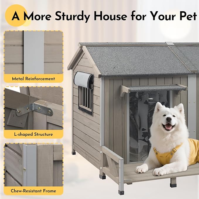 59''L Extra Large Dog House with 2 Doors, Wooden XL Dog House Outdoor Weatherproof with Chew-Proof Iron Frame, Openable Roof, 2 Windows, Indoor Doghouse Pet Shelter Fits Small to Middle Dogs