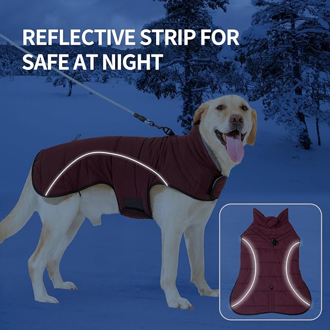 LIANZIMAU Dog Winter Coat with D Ring Leash Built in Waterproof Windproof Reflective Warm Winter Jacket Adjustable Tail Insulated Apparel for Dogs