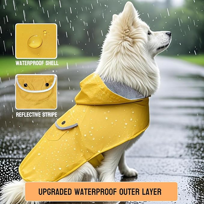 Dog Raincoat Dogs Rain Jacket Reflective Poncho Rainwear Waterproof Pet Clothes Winter Warm Lined Pocket Hooded Leash Hole Adjustable Medium Dogs,Yellow,XXXL,Back Length 20.0 Inch
