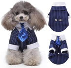 DENTRUN Navy Blue Dog Tuxedo - Formal Pinstripe Pet Suit Shirt with Satin Tie, Elegant Wedding Outfit Birthday Party Attire for Maltese Dachshund Yorkie Puppies Shih Tzu Small Medium Dogs, M