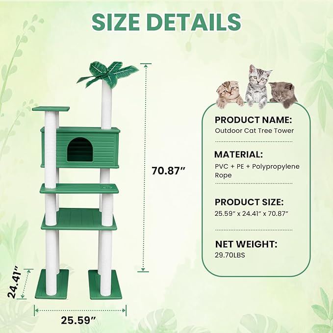 70 Inches Tall Outdoor Weatherproof Cat Tree Tower, Multi-Level, Large Cat Condo with PVC Board and Cat Scratching Posts, for Outside and Indoor