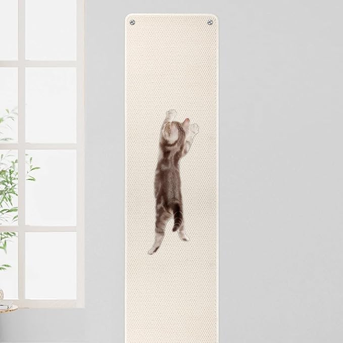 FHTONGE 71x15.8 Thickened Cat Wall Climbing Carpet with 16 Fixed Nails, Extra Large Tall Cat Scratch Pad for Wall, Wall Mounted Climbing Cat Scratcher for Furniture Couch Sofa Protector(MilkyWhite)