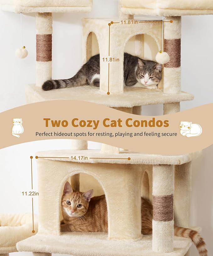 Heavy Duty Cat Tree for Indoor Cat, 71 Inch Large Cat Tower with Scratching Post and Top Perch, Hammock, Big Cat Condo for Adult Cats Kittens, PMT03BW, Beige