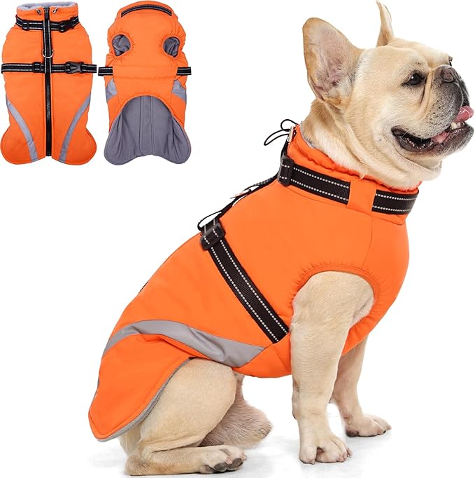 QBLEEV Dog Coat for Medium Dogs, Waterproof Dog Winter Coat with Built-in Harness and D-Ring, Zip Up Pet Cold Weather Coats with Fleece Lined, Warm Snowsuit Gear Vest for Pug Boston Terrier, Orange, M