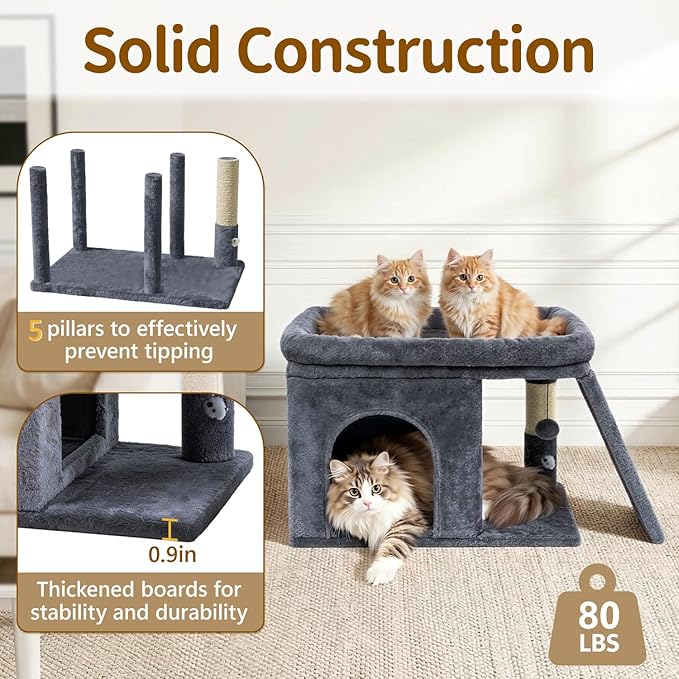 Cat Tree Tower Bed with Scratching Post for Indoor, Heavy Duty Small Stand House Condo for Large Cats & Kittens, Platform Perch Hideout Climb Rest Area, Modern Sturdy Furniture, Dark Gray