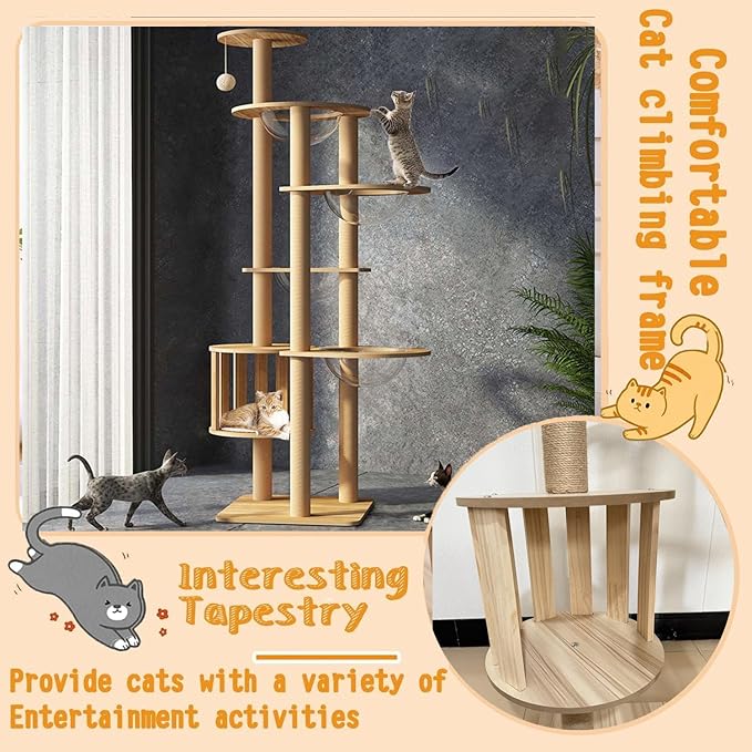 72.1-Inch Cat Tree for Indoor Cats Large Adult, 4 Bowl,12 Sisal Scratching Posts,1 Cat cage,Top Perch, Toy Balls,Larg Large cat Tree,Wood cat Tree,(YN-105)
