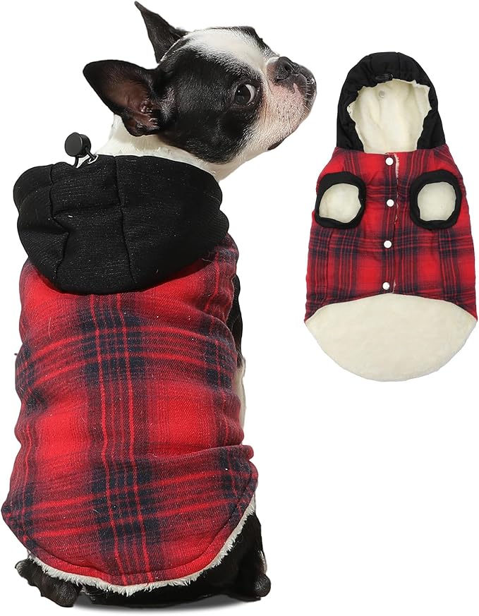 Fleece Lining Dog Hoodie for Small Dogs Extra Warm Plaid Sweater with Drawstring Hooded Coats in Winter Puppy Jacket,Red S
