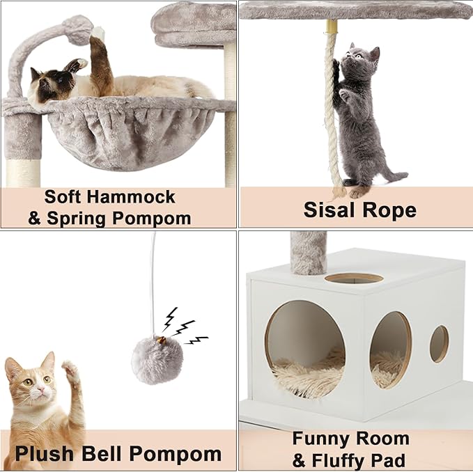 Cat Tree with Litter Box Enclosure, 2-in-1 Cat Tower for Indoor Cats, Large Wood Cat Condo with Basket, Scratching Posts, Pompoms, White