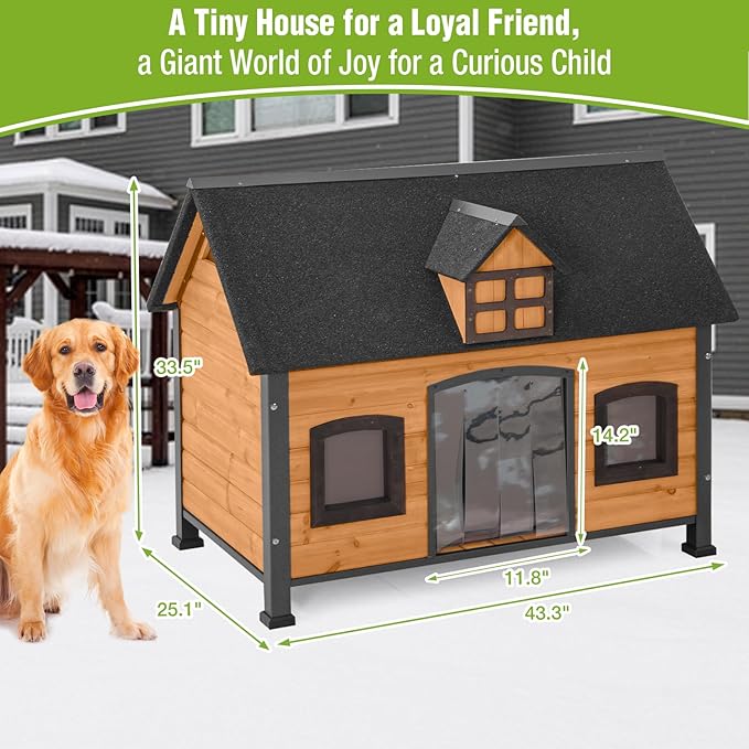 GUTINNEEN Heated Outdoor Dog House, 2-Windows Weatherproof Shelter with Reinforced Metal Frame, Heating Pad& Insulated Thermal Liner for All-Season Use (Fits Small, Medium, Large Dogs)