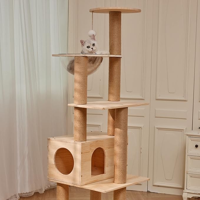 61'' Tall Real Solid Wood Cat Tower with Space Capsule Cat Bed, Top Bed with Toy Ball,Sisal Scratching Posts, Multi Cat Tree for Large Cats 20 lbs Heavy Duty